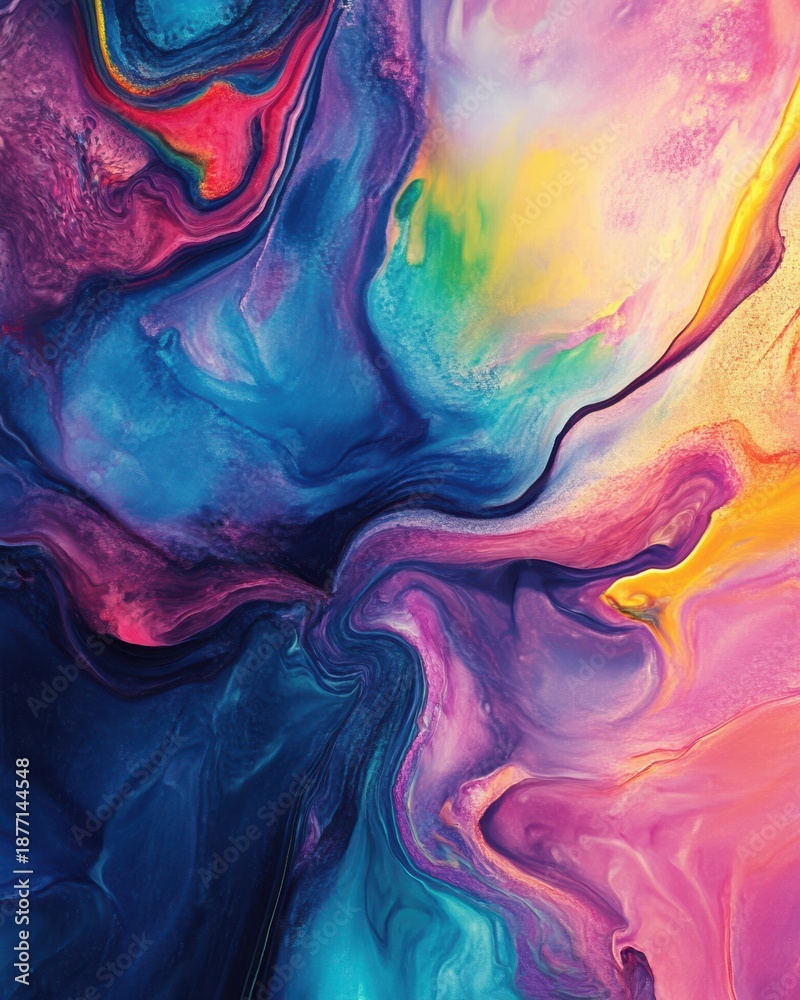 Fototapeta premium Vibrant Swirling Abstract Flow Of Pink Blue Green And Yellow Paint Strokes