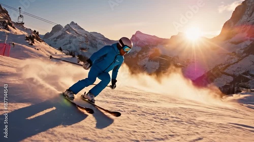 A woman skis down a snowy slope as the sun rises behind the mountains. The woman enjoys skiing in the beautiful mountain landscape with vibrant sunlight.