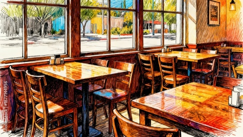 Charming CafÃ© Interior with Sunlit Tables