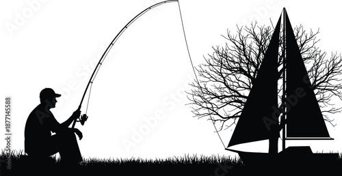 Silhouette fisherman fishing by lake with sailboat tree landscape peaceful outdoor nature scene black and white vector illustration art design