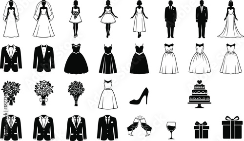 Wedding ceremony silhouettes set with bride groom dresses suits bouquet cake icons vector illustration isolated for celebration design projects branding