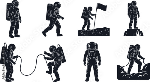 Vector set of black astronaut silhouettes moonwalking planting flags and performing tethered spacewalks on a white background illustration