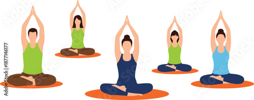 Diverse Group of People Practicing Yoga in Lotus Pose on Colorful Mats for Wellness Class Mindfulness and Healthy Lifestyle Illustration Isolated on White Background