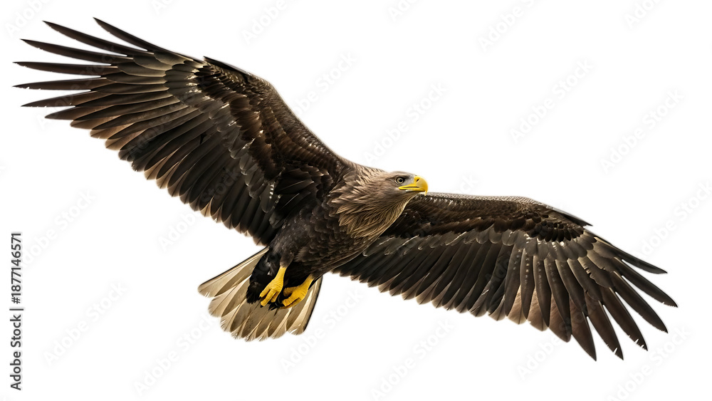 Obraz premium Brown eagle flying with outstretched wings and yellow beak isolated on a transparent background flying eagle