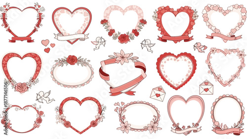 Collection of red ornate heart frames and decorations in various designs and embellishments