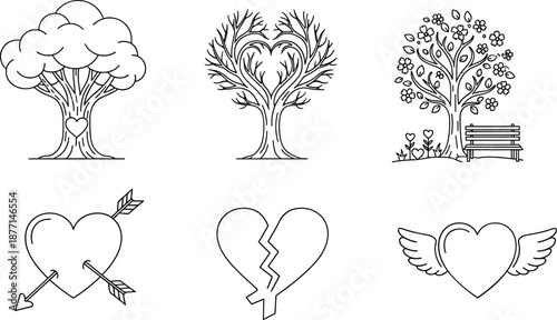 Love symbol illustration collection with heart trees romantic icons broken winged hearts minimal black line vector design set