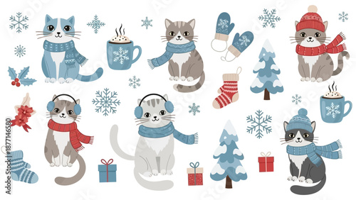 Winter wonderland scene featuring cats and raccoons wearing scarves and hats surrounded by snowflakes and festive elements in a digital illustration