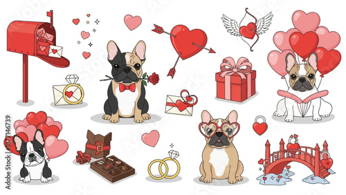 Cute French Bulldogs celebrating Valentine's Day with various romantic elements like hearts, gifts, roses, and love letters, in a charming cartoon style.