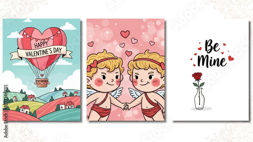 Three charming Valentine's Day illustrations featuring a heart-shaped hot air balloon, two adorable cupids holding hands, and a single red rose with 'Be Mine' text.