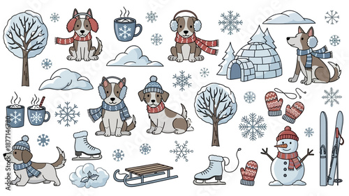 A collection of cute cartoon dogs in winter attire with various winter elements and activities.