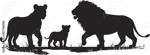 African lion family silhouette showing father mother and cub together wildlife scene black vector illustration isolated on white background design