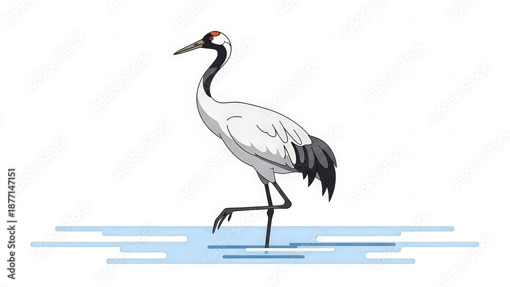 Fototapeta premium Elegant Red-Crowned Crane Standing in Shallow Water in Calm Natural Habitat