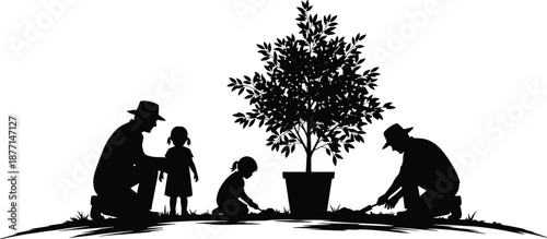 Family planting tree together silhouette showing parents and children gardening eco friendly activity black vector illustration isolated on white background