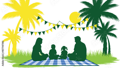 Happy family picnic silhouette under palm trees with festive flags outdoor summer vacation scene colorful vector illustration for leisure lifestyle
