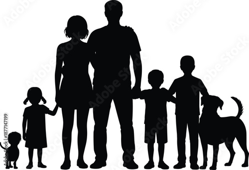 Happy family silhouette with parents children and dog together showing love unity black vector illustration isolated on white background design