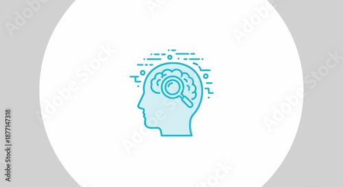 Human head with magnifying glass over brain representing thought and analysis.