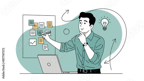 Man Planning Strategy with Sticky Notes and Laptop, Idea Bulb