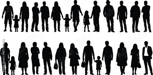People silhouettes set showing men women children families walking standing for crowd community lifestyle vector illustration isolated black background design