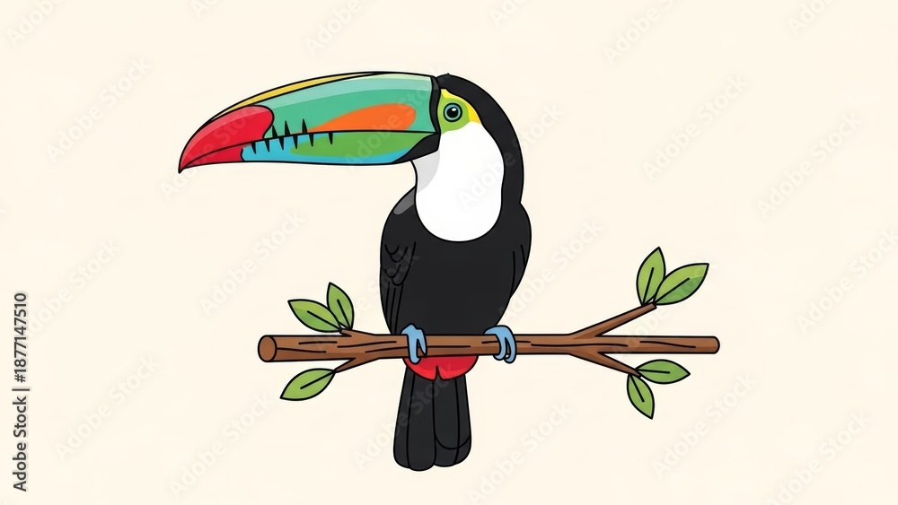 Fototapeta premium Vibrant Toucan perched on a branch surrounded by lush green leaves in a tropical forest viewed from the side