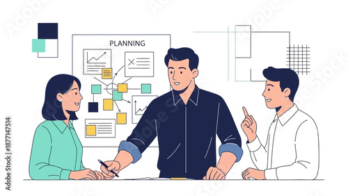Team brainstorms business plan with charts and sticky notes on planning board