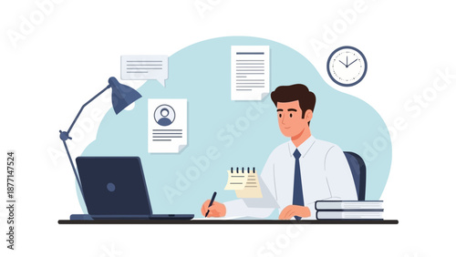 Man working at desk with laptop, papers, and clock. Business and productivity concept.
