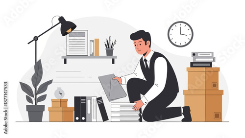 Man Organizing Paperwork in Office: Moving, Decluttering, Business Concept