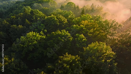 Wallpaper Mural Lush forest green tree morning fog sunrise light nature landscape aerial view summer woodland mist cloud peaceful mood travel scene forest canopy sunrise mist timelapse tranquil atmosphere calm mood Torontodigital.ca