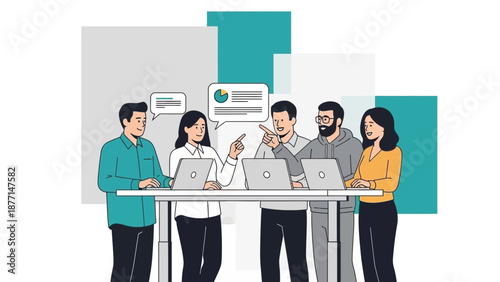 Diverse team collaborating on laptops, discussing financial data and strategy