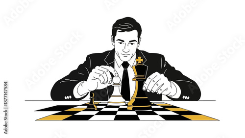 Businessman playing chess, making strategic move with king and pawn