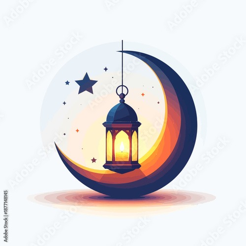 Crescent Moon Embracing Lantern Symbolizing Ramadan Night Sky with Stars and Peaceful Night Atmosphere Viewed from Afar