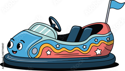 Cute, cartoon, bumper, car, illustration, for, kids, amusement, park, ride, colorful, smiling, character, vector, design, fairground, attraction, playful, fun, graphic