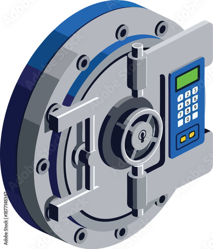 Isometric metal bank vault door with digital keypad security and heavy steel locking mechanism.