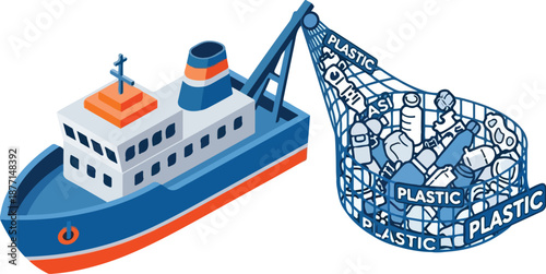 Isometric industrial ship using a net for ocean plastic cleanup and environmental conservation.