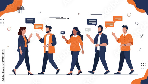 Diverse people talking and communicating with speech bubbles, modern flat design illustration