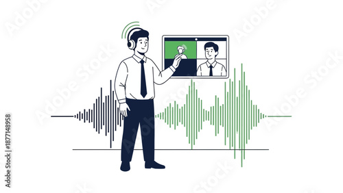 Man with headphones and laptop showing video call and audio waveform