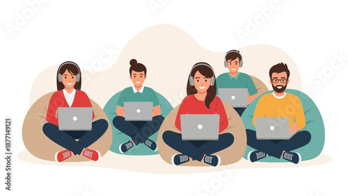 Diverse group of people working on laptops on beanbags, collaboration, remote work