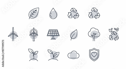 Collection of eco-friendly icons representing environmental sustainability and renewable energy.