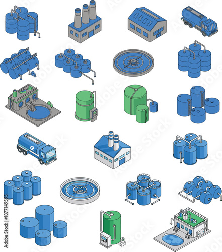 Isometric illustrations of industrial and water treatment facilities including tanks, filtration systems, and transport units for environmental engineering and infrastructure design visuals.