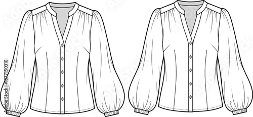Technical Flat Sketch of a Pleated V Neck Balloon Sleeve Blouse for Women Featuring Front and Back Views for Fashion Design