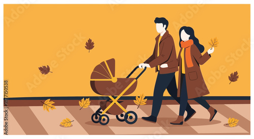 Autumn family stroll: Couple enjoying a leisurely walk with baby in stroller among falling leaves