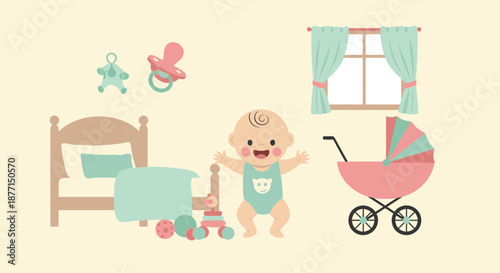 Charming baby illustration featuring a delightful nursery scene with baby and essential items