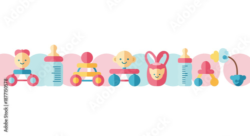Colorful baby icons border illustration featuring toys bottle rattle and bunny elements for