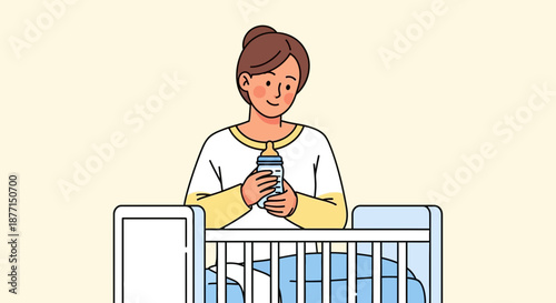Illustrative image of a young mother preparing baby formula in nursery crib illustration