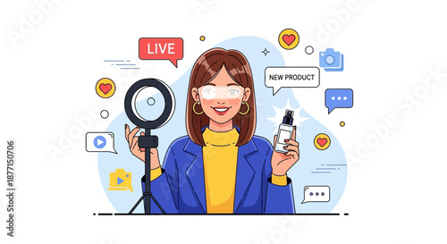 Live Streaming New Beauty Product Review Illustration for Social Media Influence