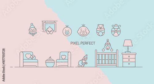 Minimalist baby room illustration with crib, chair, toys and pastel color scheme design for