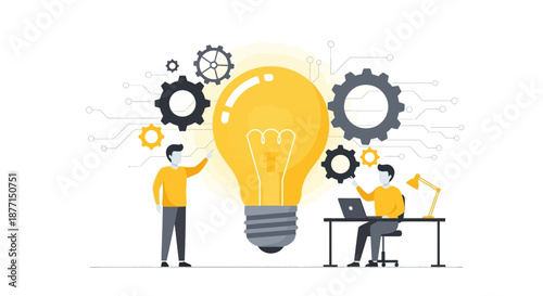 Teamwork and innovation concept: people working on new ideas with a lightbulb  symbolizing