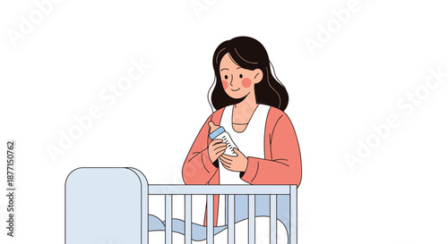 Young mother preparing a baby bottle near a crib in a minimalist cartoon style illustration,