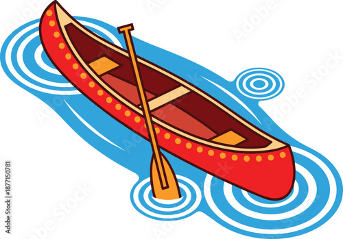 Red canoe illustration, paddling boat, water ripples, outdoor adventure, river kayaking, flat vector, summer recreation, isolated design, colorful graphic artwork