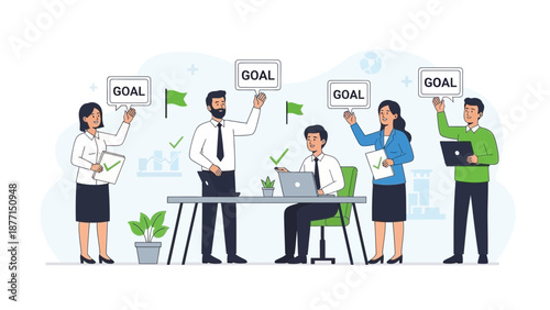 Teamwork achieving business goals, people holding goal signs and flags