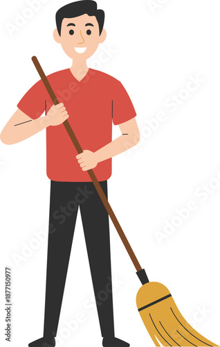Smiling man cleaning floor, housekeeper with broom, home maintenance service, domestic cleaning illustration, professional janitor character, flat vector design concept